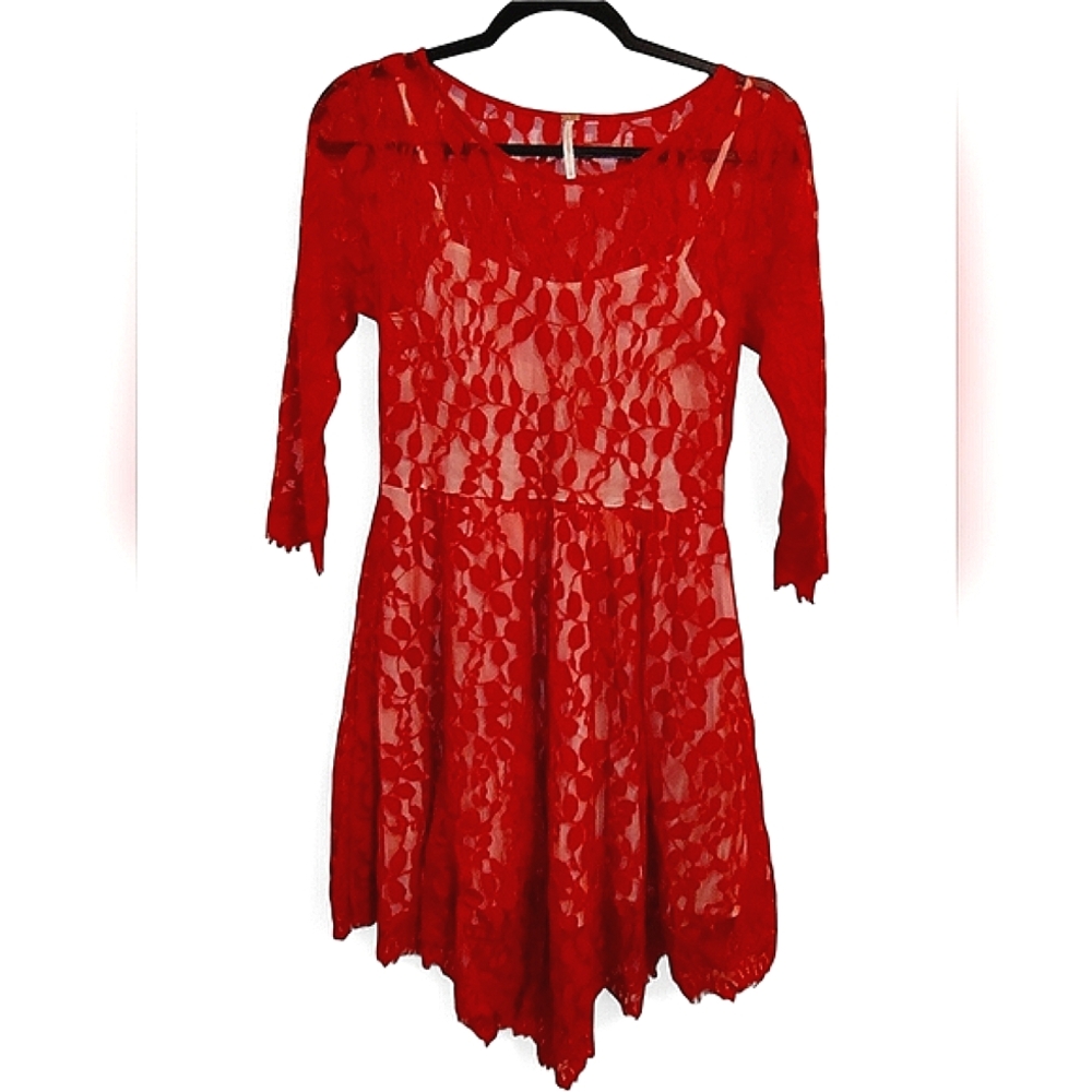 Free People Red Floral Mesh Lace 3/4 Sleeve Mini Dress Size 4